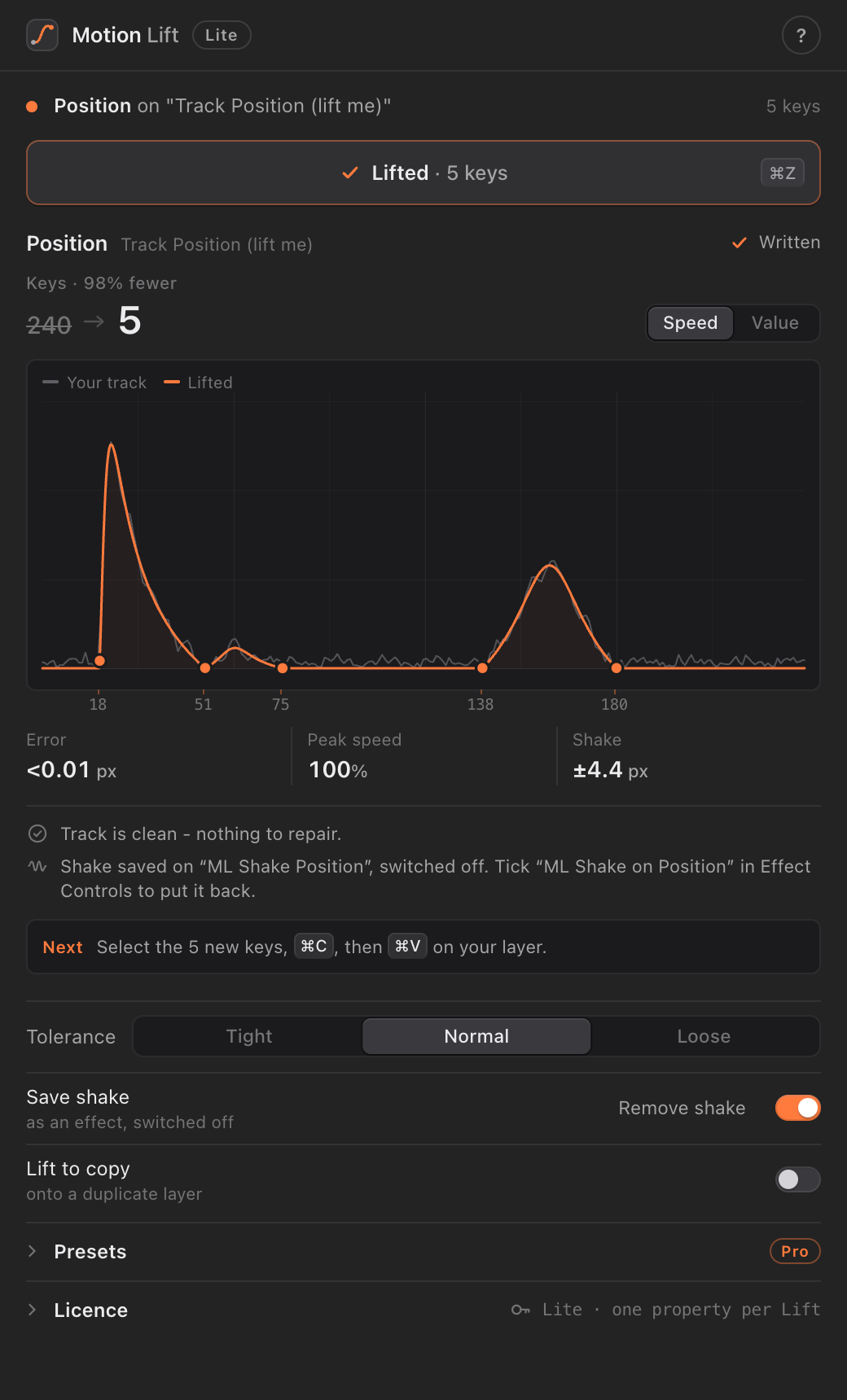 The Motion Lift panel after a Lift: 240 tracked keys became 5, the reference and lifted speed curves on top of each other